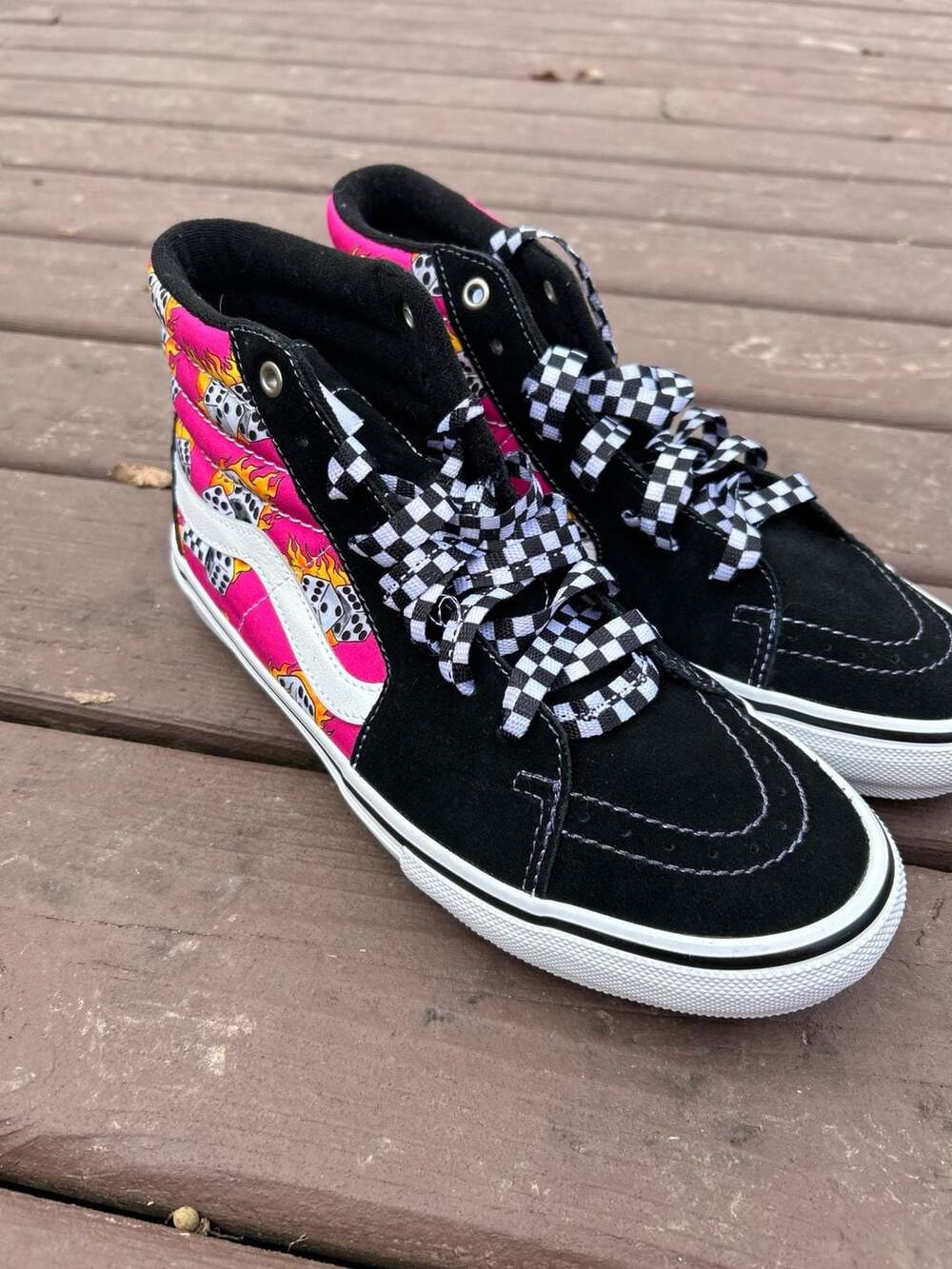 Vans Skate Sk8-Hi Fuchsia Fedora Flaming Dice Suede Shoes
